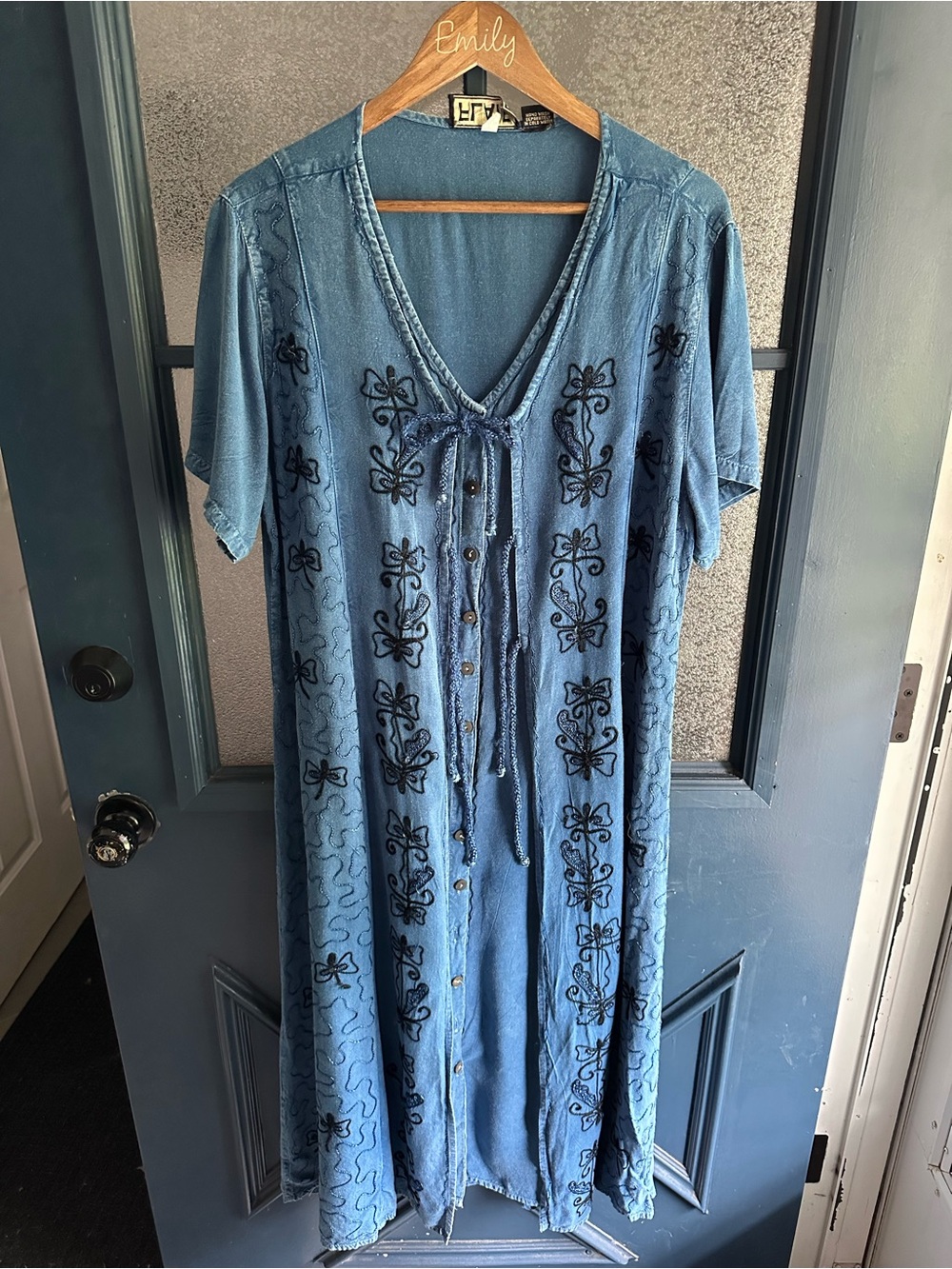 Blue Embroidered Button and Tie-Front Maxi Dress
